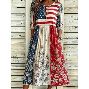 Oufisun American Flag Floral Patchwork Maxi Dress Patriotic Red White Blue